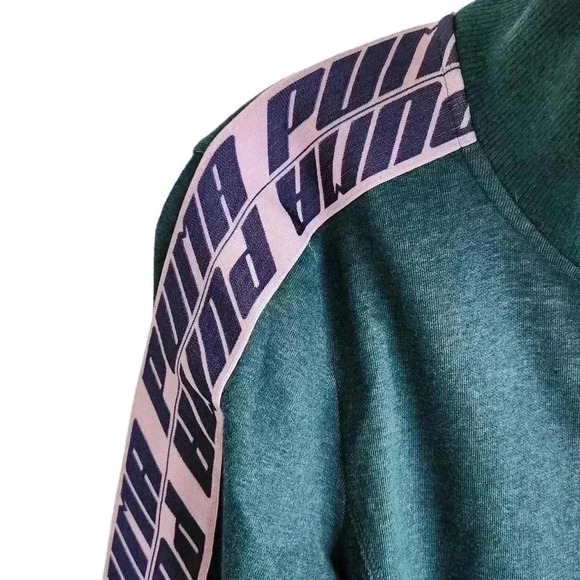 Puma Green Zip Sweatshirt | Women’s M | Pink Accents, Hi-Low Hem, Branded Sleeve - Picture 4 of 13